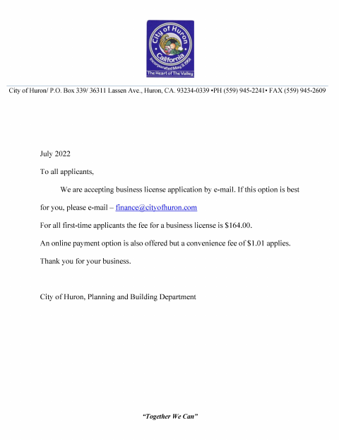 First page of the Business License Application