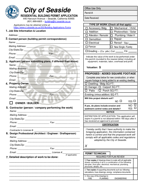 First page of the Residential Building Permit Application