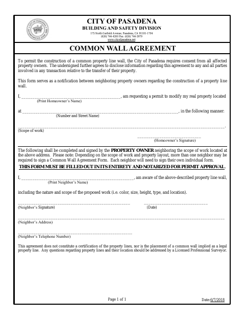 First page of the Common Wall Agreement