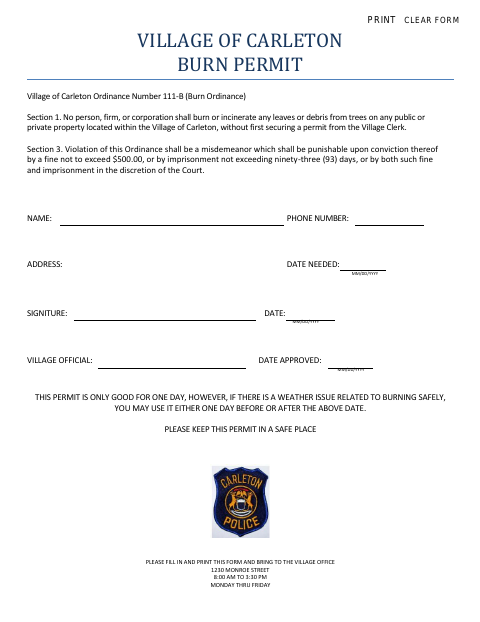 First page of the Burn Permit