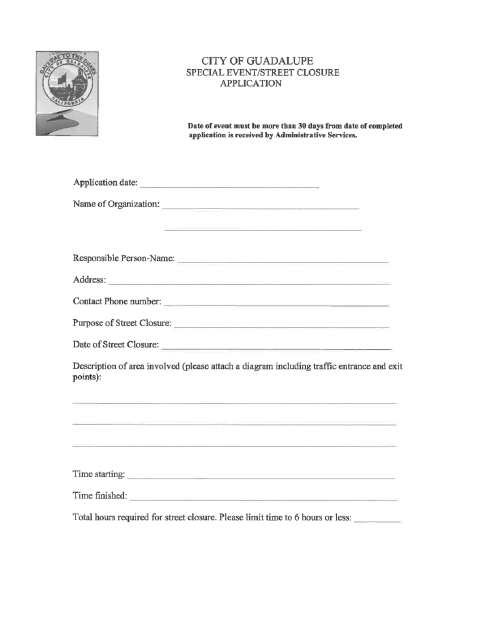 First page of the Special Events and Street Closure Application