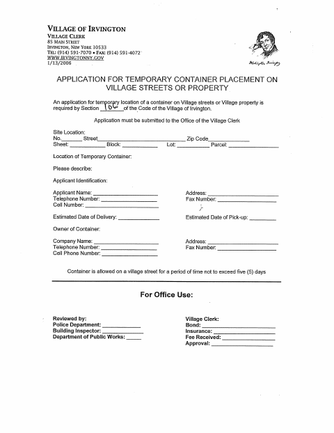 First page of the Temporary Container Placement Application