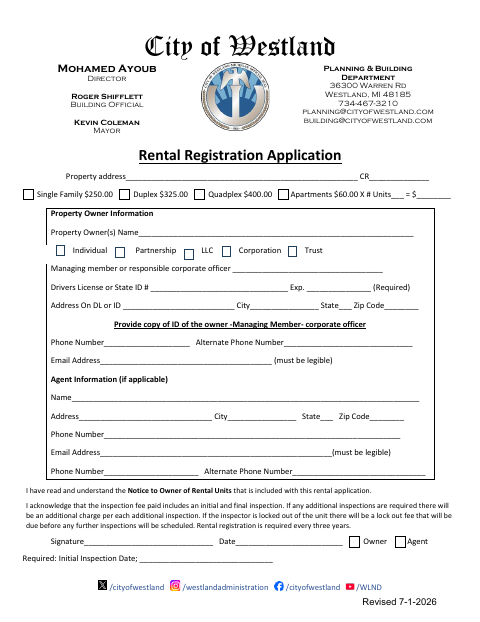 First page of the Rental Registration Application