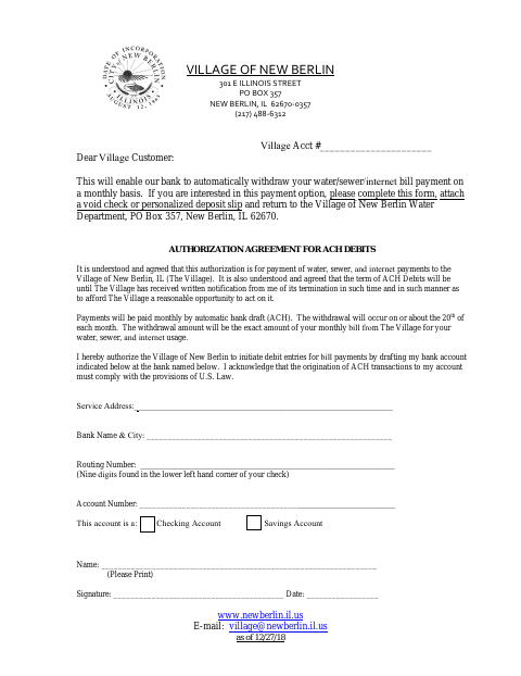 First page of the Authorization Agreement for ACH Debits
