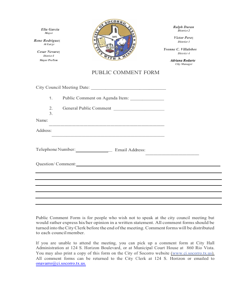 First page of the Public Comment Form