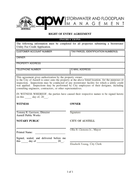 First page of the Stormwater Utility Right of Entry Agreement