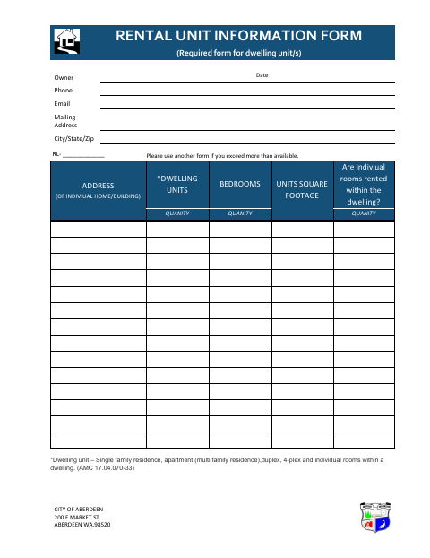 First page of the Rental Unit Information Form