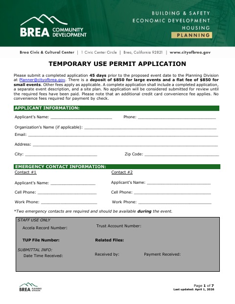 First page of the Temporary Use Permit Application