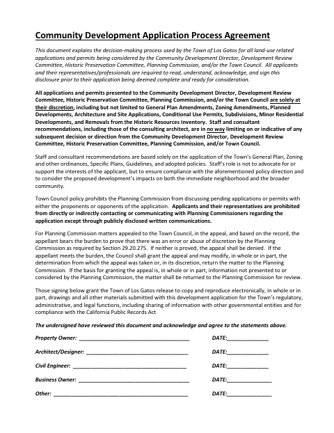 First page of the Community Development Application Process Agreement