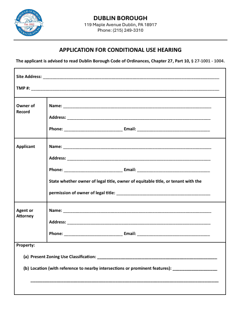 First page of the Application for Conditional Use Hearing
