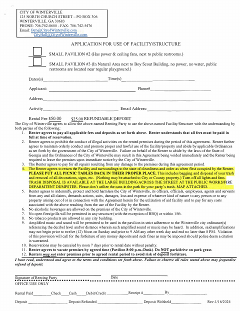 First page of the Application for Use of Facility/Structure