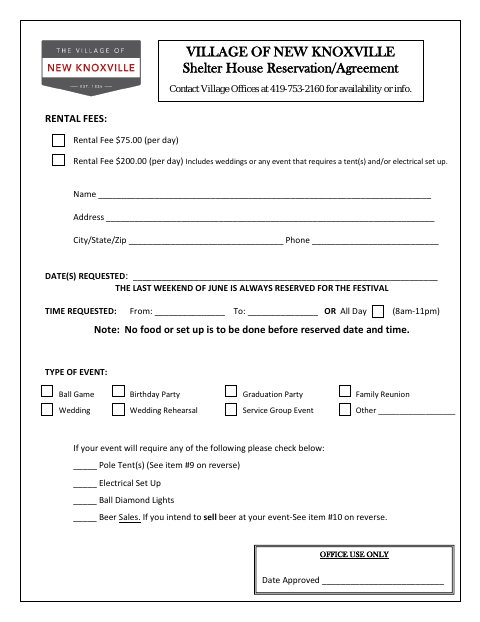 First page of the Shelter House Reservation Agreement