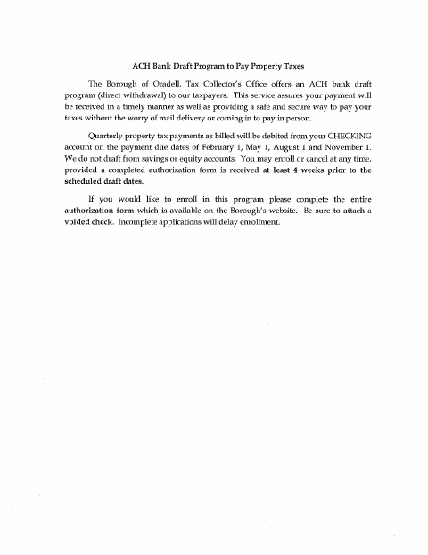 First page of the ACH Bank Draft Program Authorization