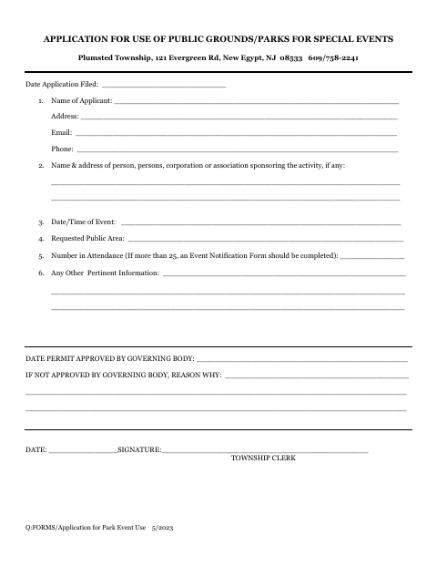 First page of the Application for Use of Public Grounds/Parks for Special Events