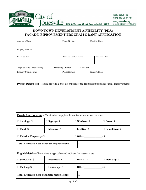 First page of the Downtown Development Authority Façade Improvement Program Grant Application