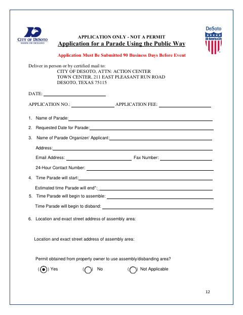 First page of the Application for a Parade Using the Public Way