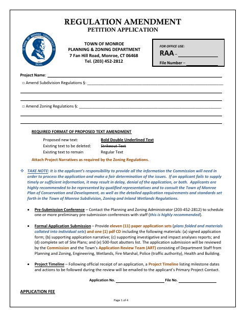 First page of the Regulation Amendment Petition Application