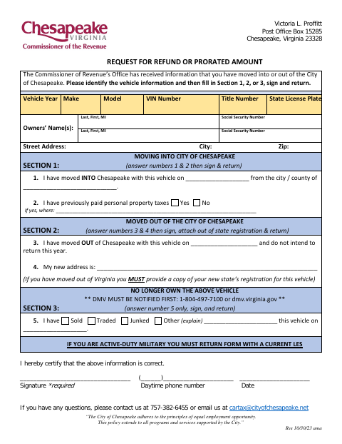 First page of the Request for Refund or Prorated Amount