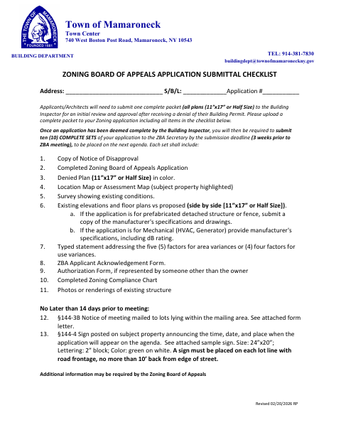 First page of the Zoning Board of Appeals Application Submittal Checklist and Complete Packet