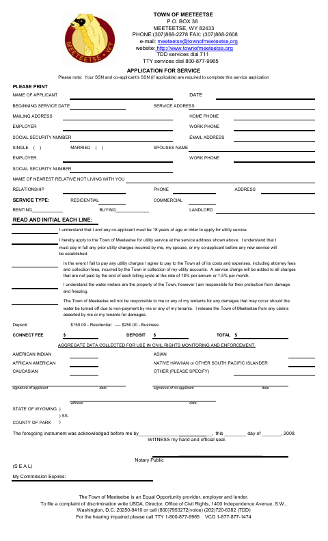 First page of the Utility Application for Service