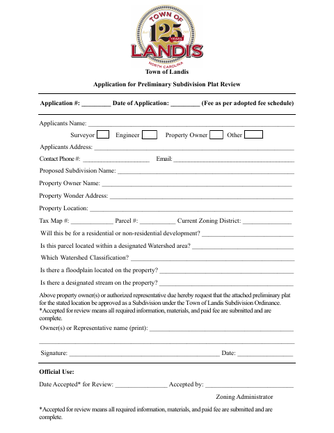 First page of the Application for Preliminary Subdivision Plat Review