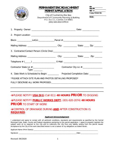 First page of the Permanent Encroachment Permit Application