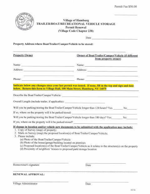 First page of the Trailer, Boat, and Recreational Vehicle Storage Permit Renewal