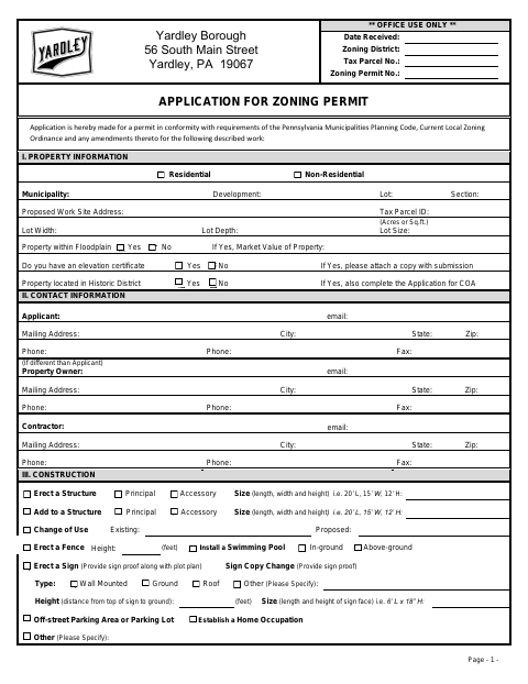 First page of the Application for Zoning Permit