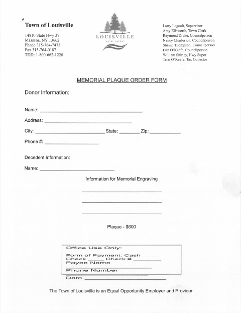 First page of the Memorial Plaque Order Form