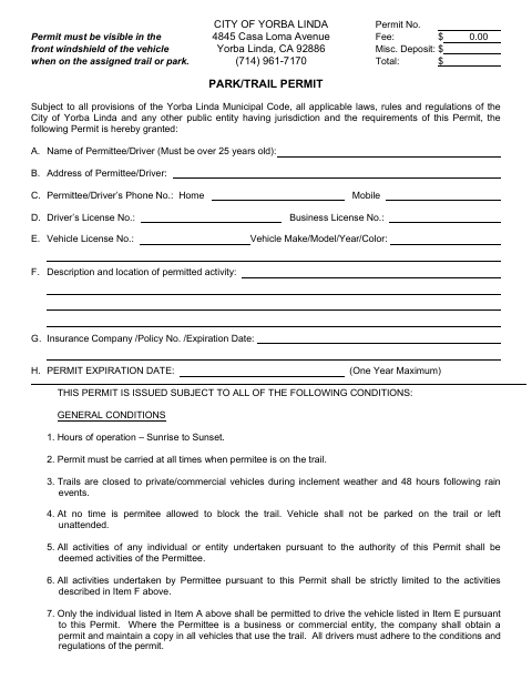 First page of the Park/Trail Permit