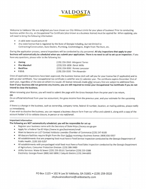 First page of the New Business License Application Packet
