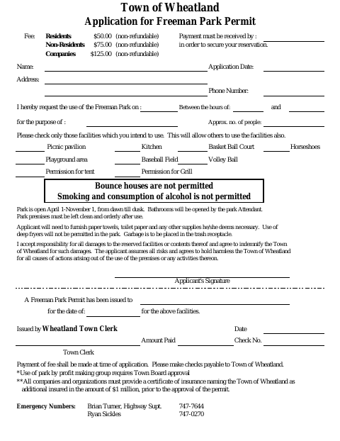 First page of the Application for Freeman Park Permit