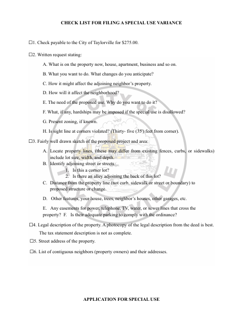 First page of the Special Use Variance Application