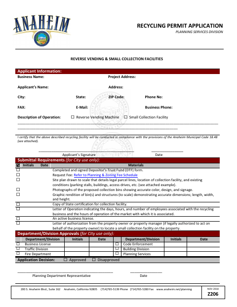 First page of the Recycling Permit Application