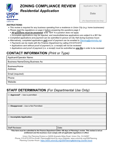 First page of the Zoning Compliance Review Residential Application
