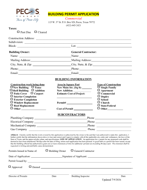 First page of the Commercial Building Permit Application