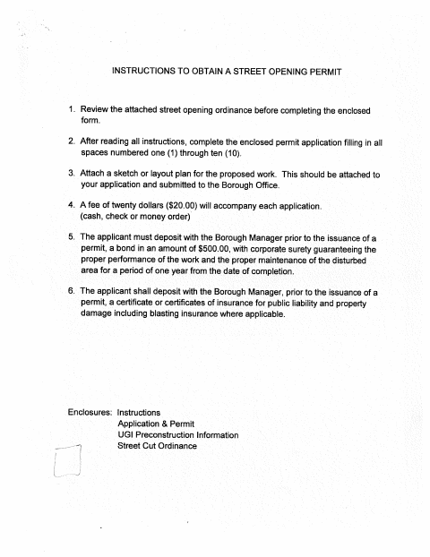First page of the Street Cut Opening Permit