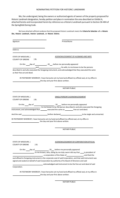 First page of the Nominating Petition for Historic Landmark