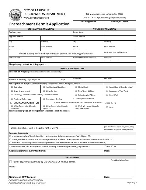 First page of the Encroachment Permit Application