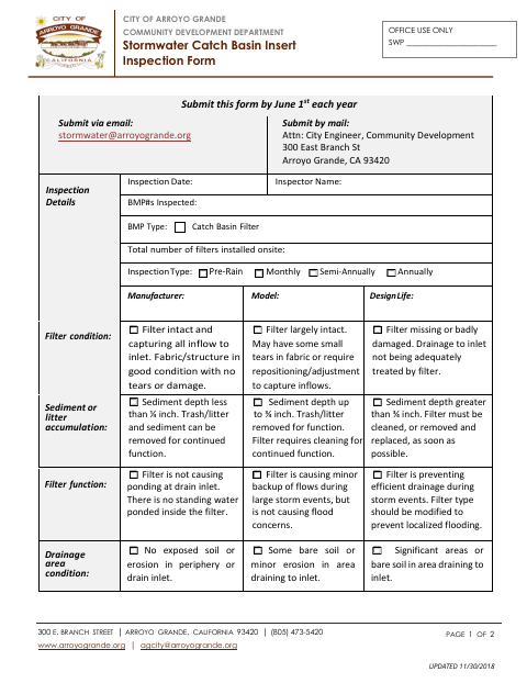 First page of the Stormwater Catch Basin Insert Inspection Form