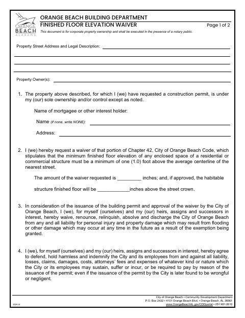 First page of the Finished Floor Elevation Waiver – Corporate Ownership