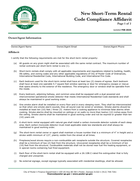 First page of the Short-Term Rental Code Compliance Affidavit