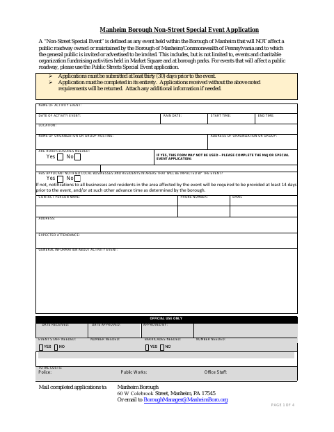 First page of the Non-Street Special Event Application