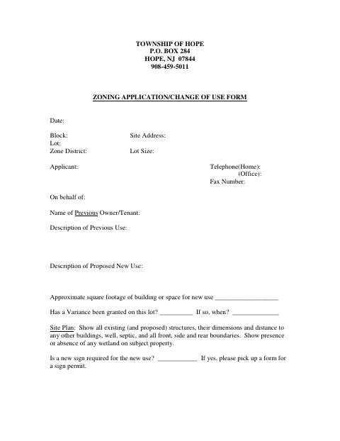 First page of the Zoning Application/Change of Use Form