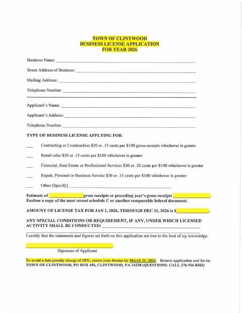 First page of the Business License Application