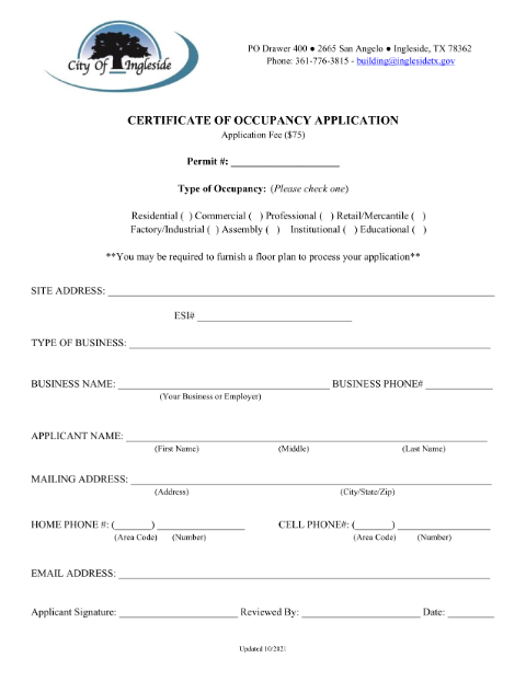 First page of the Certificate of Occupancy Application