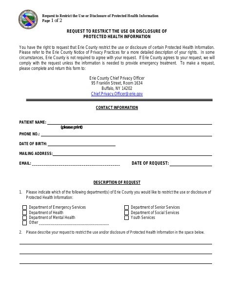 First page of the Request to Restrict Use or Disclosure of Protected Health Information