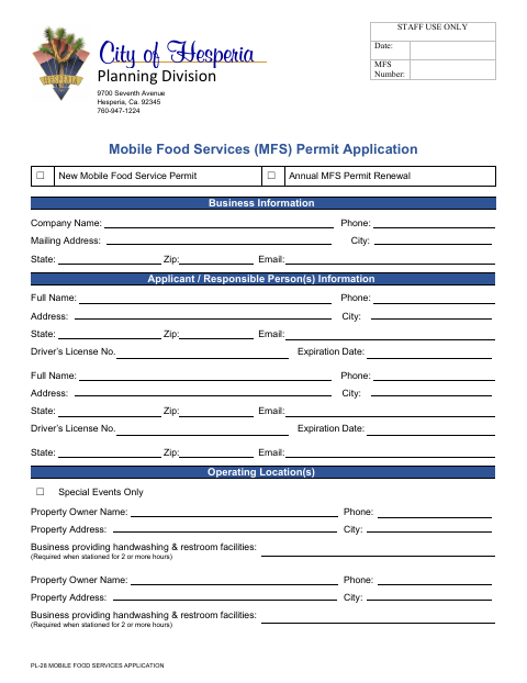 First page of the Mobile Food Services Application