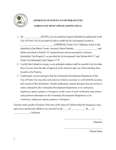 First page of the Affidavit of Intent to Owner-Occupy (SB 9 Urban Lot Split)