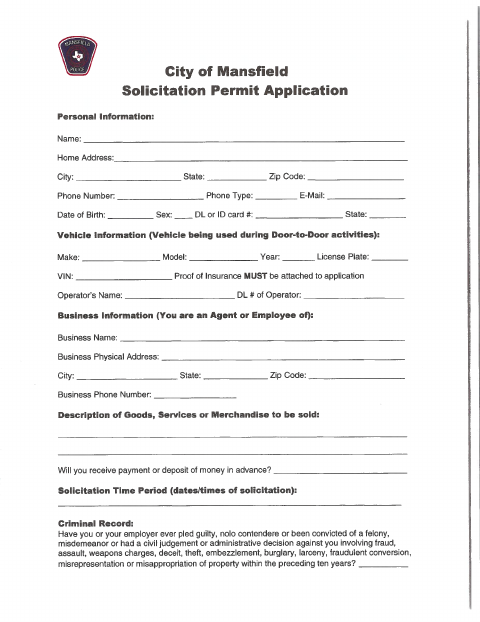 First page of the Solicitation Permit Application